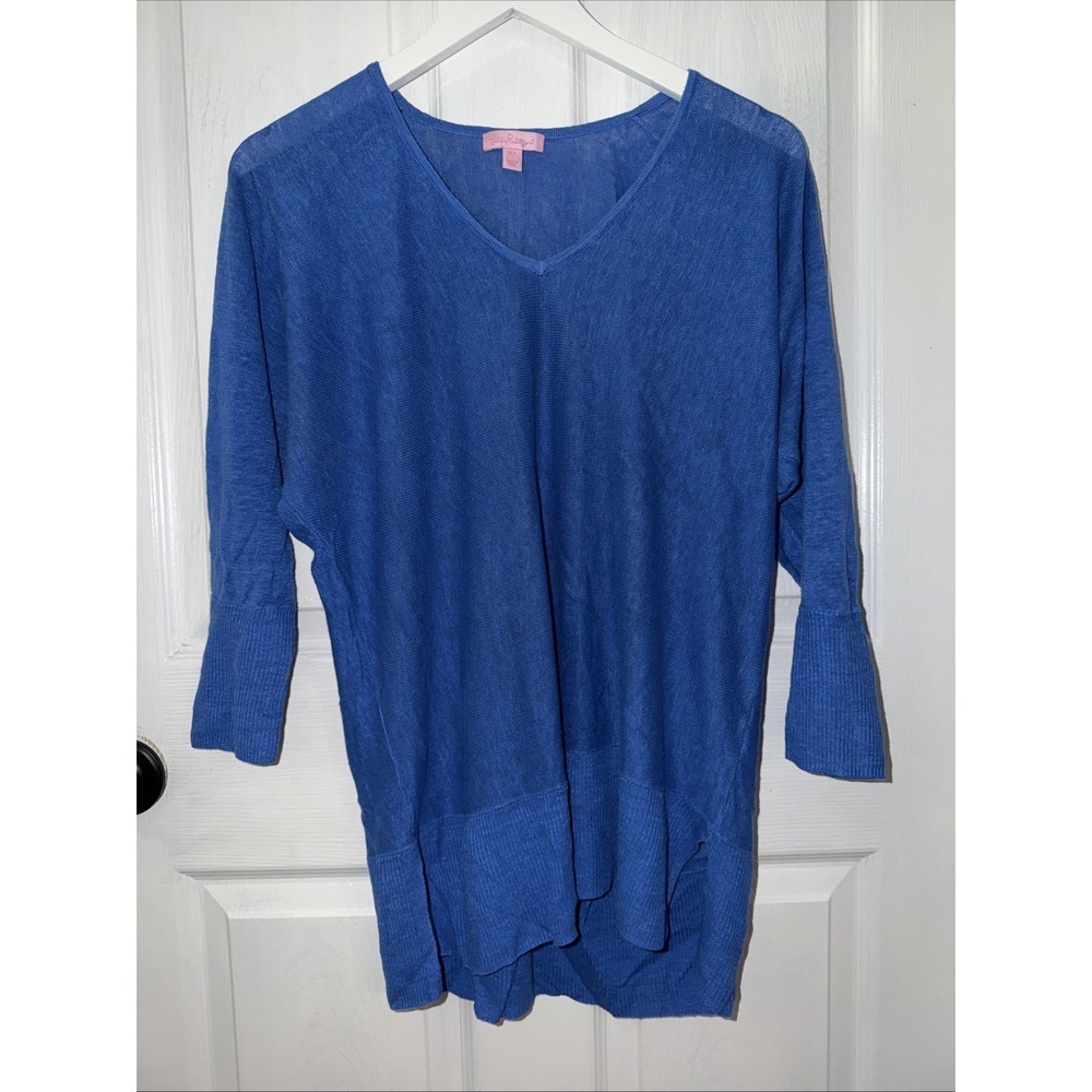 Lilly Pulitzer Women's V Neck Linen Blouse Blue Size M/L Ribbed Beach Vacation